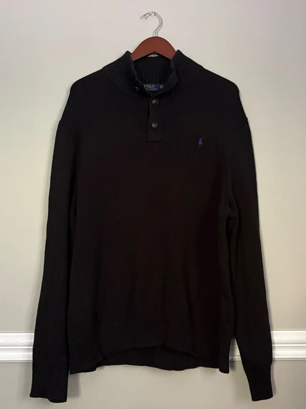 Polo Ralph Lauren Men’s Black Cotton Mock Neck Sweater XXL Purple Pony